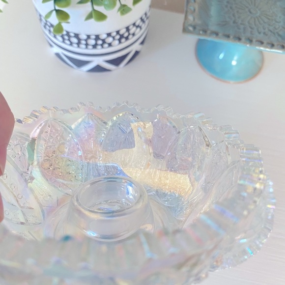 RARE LE Smith Candle Holder McKee Vintage Irridecent Carnival Glass Glentec Set - Picture 5 of 6